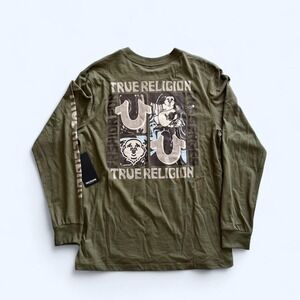 True Religion Brand Jeans Long Sleeve Shirt NWT Small Olive Buddha Graphic